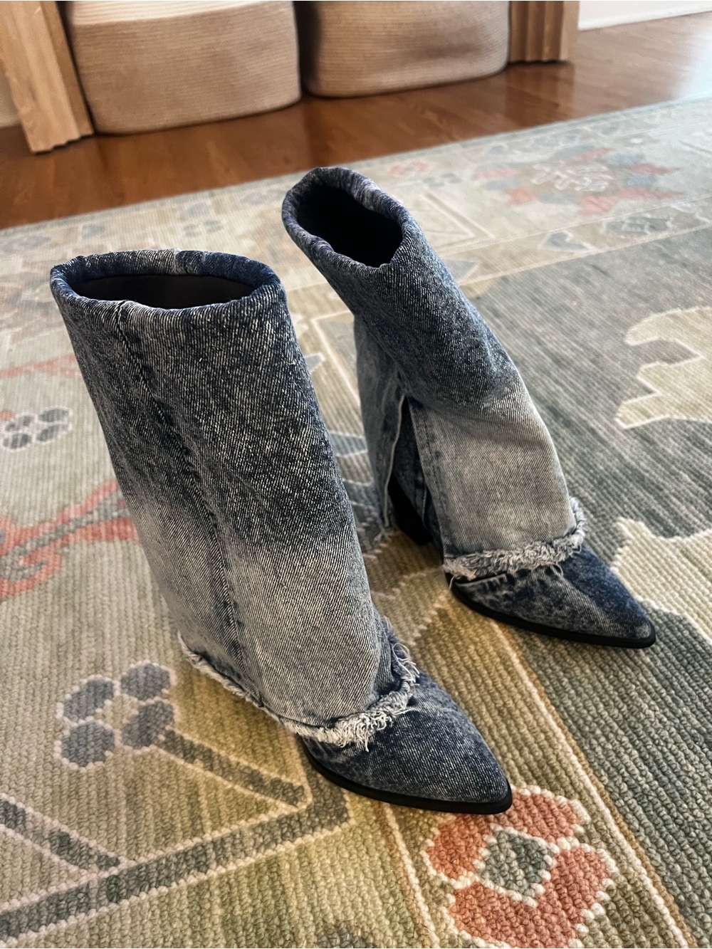 Women’s Denim Patchwork Ankle Boots Size 8.5M – Block Heel Pointed Toe